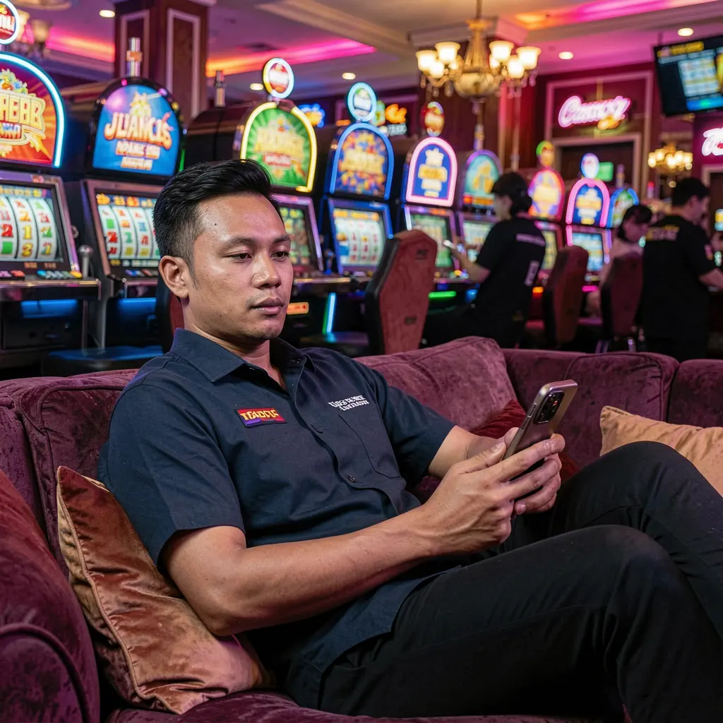 Confident Malaysian player browsing the CUCI77 casino app on his phone with colorful slot machines and neon lights behind him