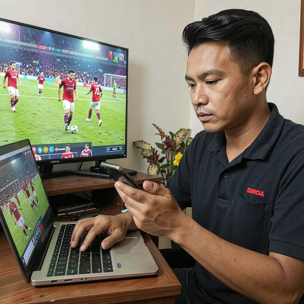 Focused Malaysian sports bettor using a laptop and smartphone at home while watching live football highlights and placing bets on CUCI77
