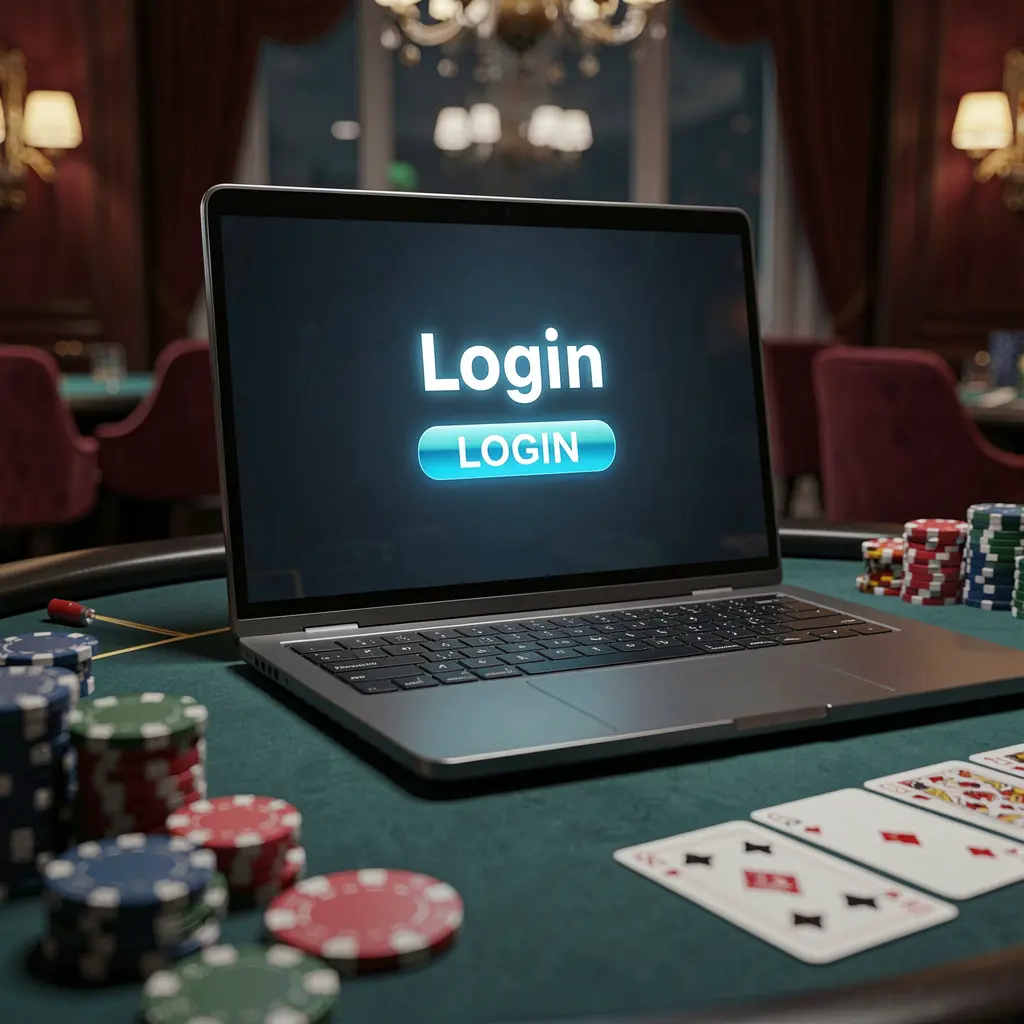 Modern laptop on a casino table with poker chips and cards showing the CUCI77 login screen for secure access in Malaysia