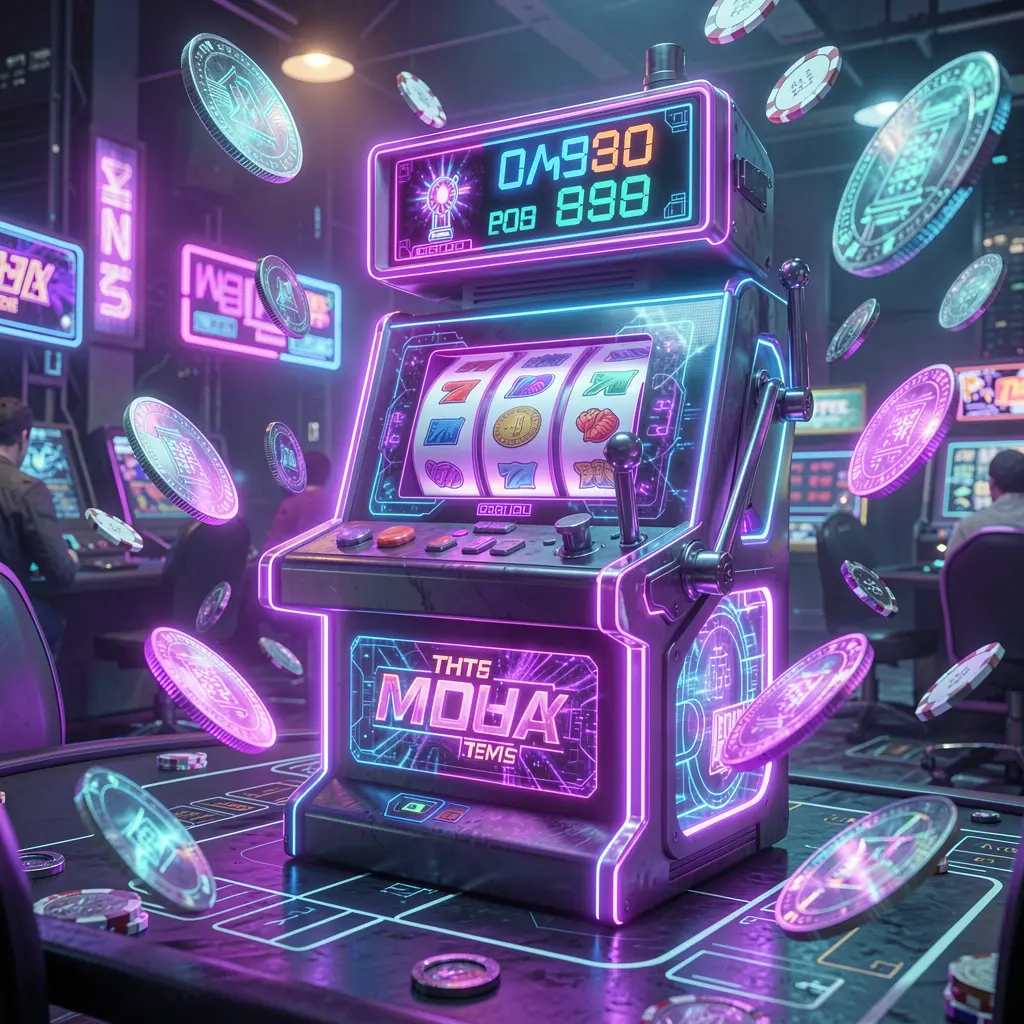 Futuristic slot machine with glowing reels and flying coins in a neon casino atmosphere representing high tech gaming entertainment at CUCI77 Malaysia
